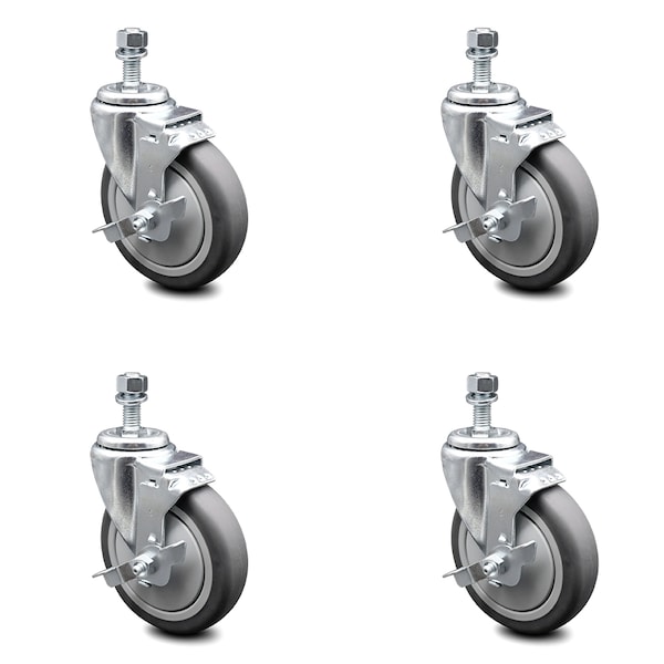 5 Inch Thermoplastic Rubber Swivel 12mm Threaded Stem Caster Set with Brake